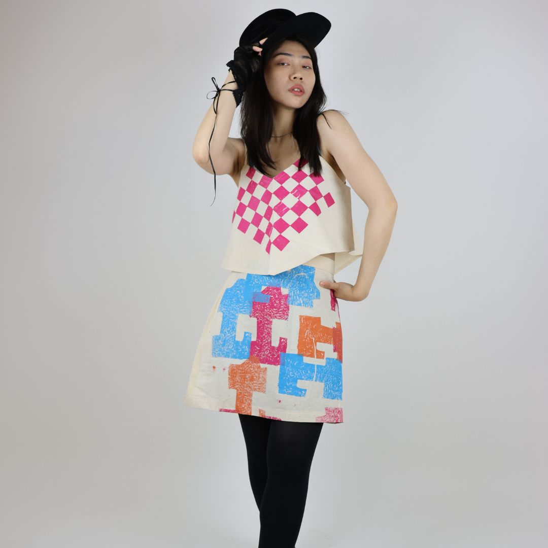 Hand Printed Geometric Patterned Calico Skirt and Top — handmade coordinated set by Susan Kistner for Bright Hopes Art