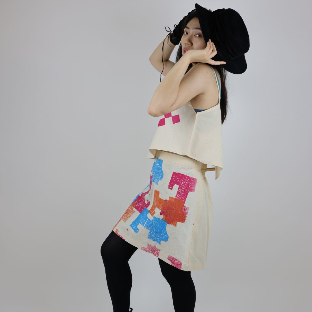 Hand Printed Geometric Patterned Calico Skirt and Top — view 2