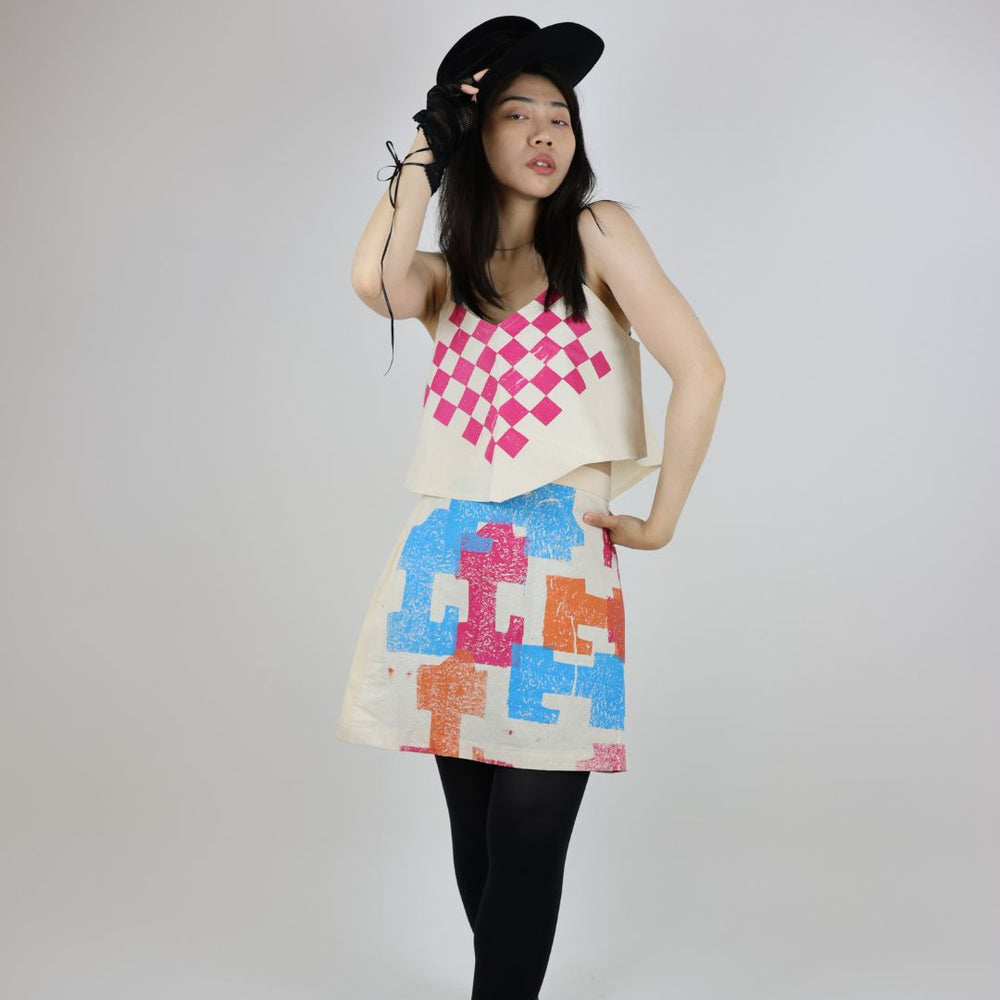 Hand Printed Geometric Patterned Calico Skirt and Top — handmade set by Susan Kistner
