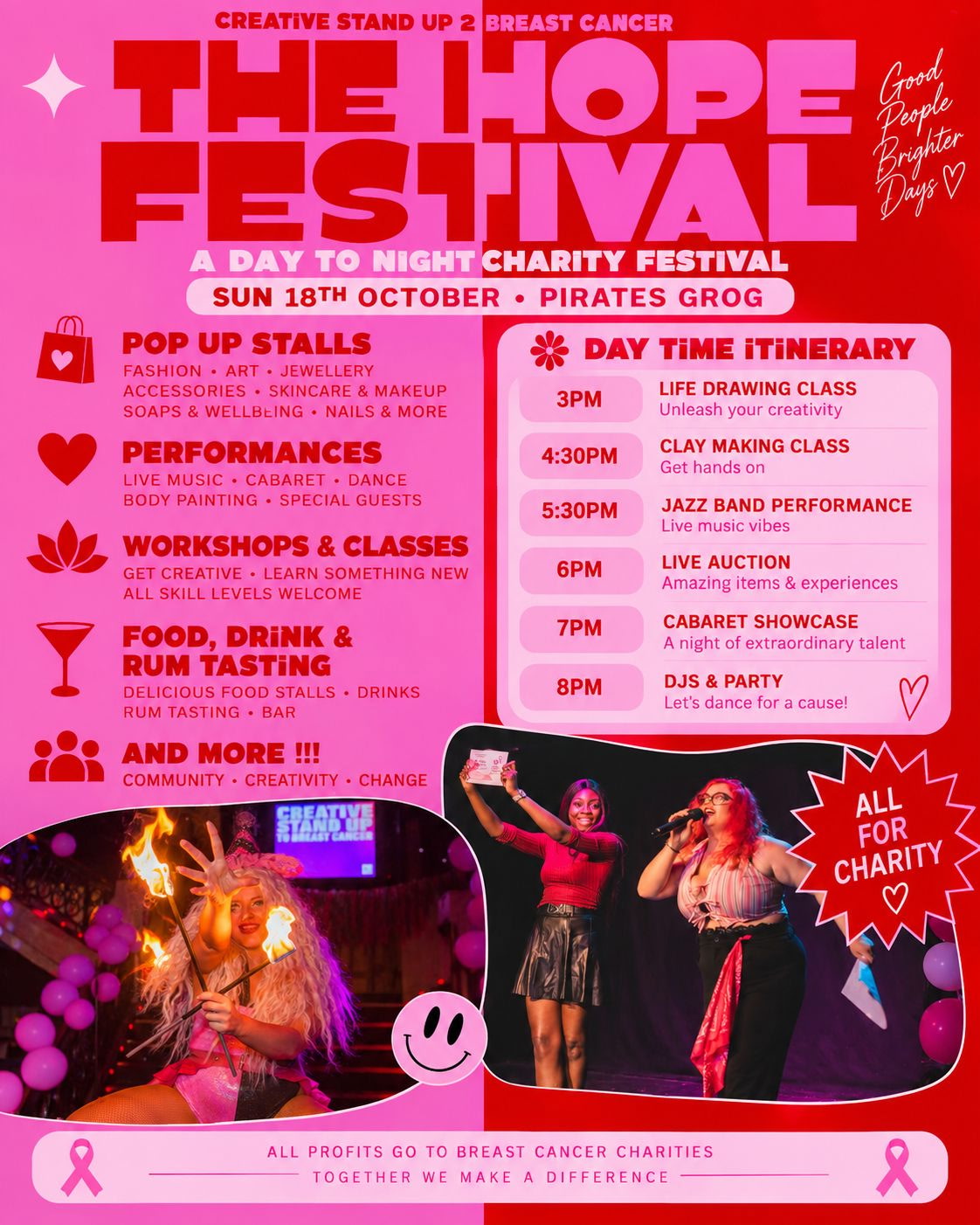 The Hope Festival — Creative Stand Up 2 Breast Cancer charity festival poster, Sunday 18th October at Pirates Grog